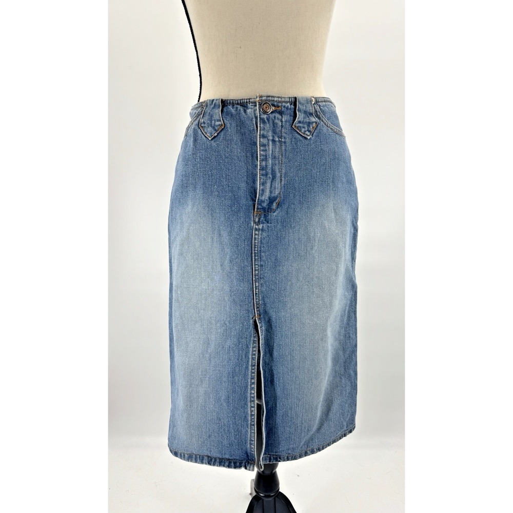 VTG Y2K Denim Pencil Skirt 9 Jean Front Slit Mid Rise 90s Classic Retro Western